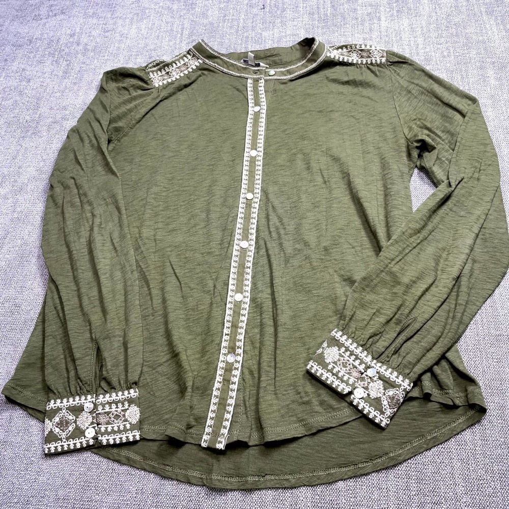 Lucky Brand Womens Medium Olive Green Cotton Pleated Embroidered Button Top